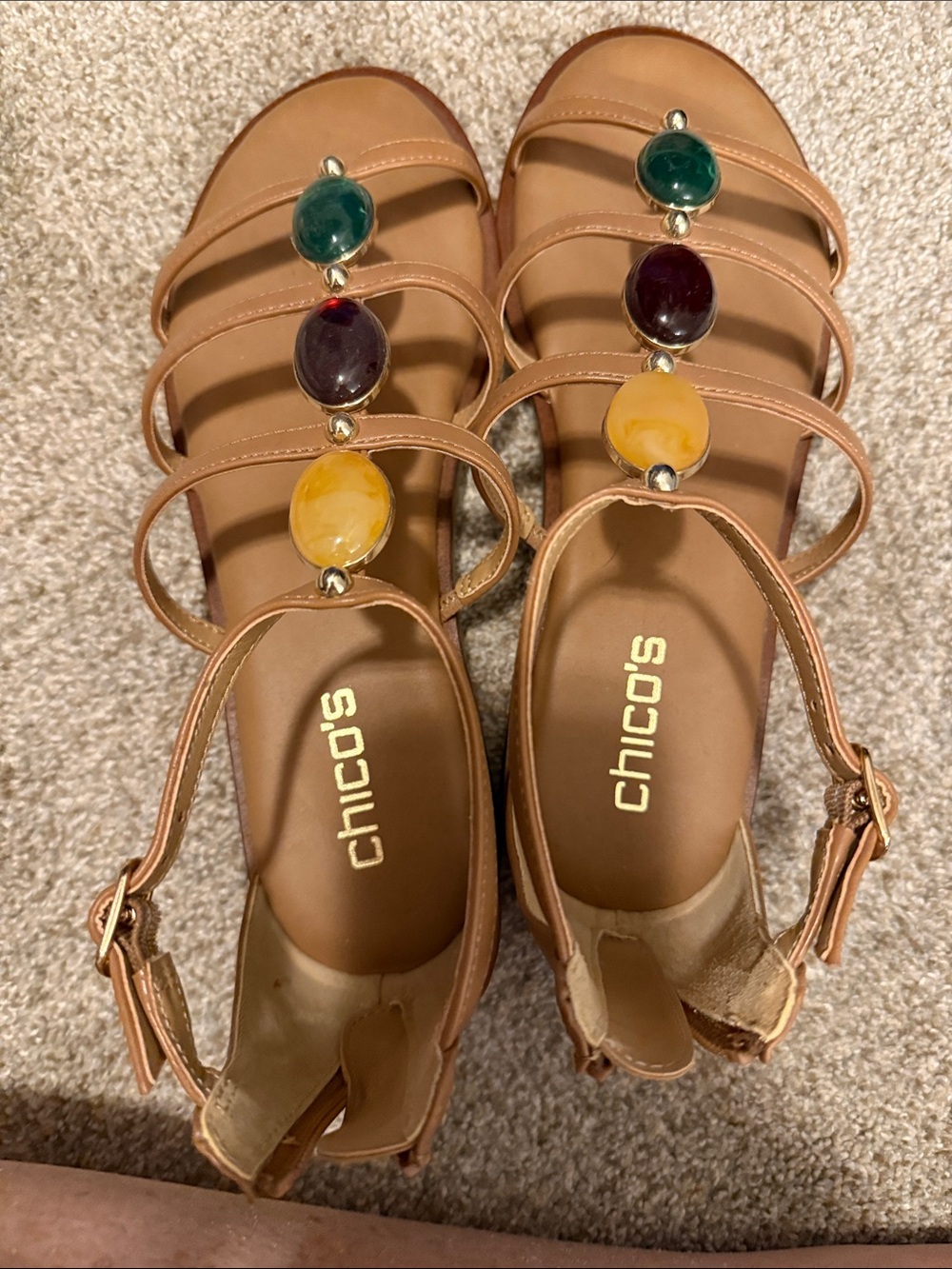 Chico's Tan Leather Strappy Sandals with Multicolor Gem Accents